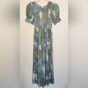 KITRI Studio Patchwork Floral Viscose Smocked Puff Sleeve Tiered Midi Maxi Dress